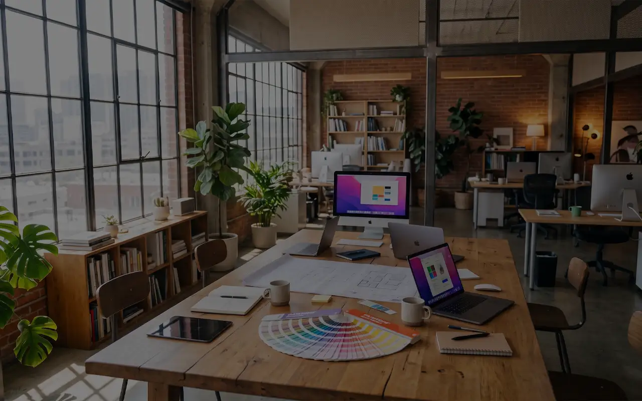 Kreativer Arbeitsplatz der Designagentur Visionexo in Augsburg